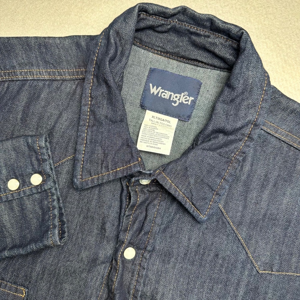 Wrangler Denim Western Shirt Mens XLT Blue Pearl Snap Long Sleeve MS741DD Tall